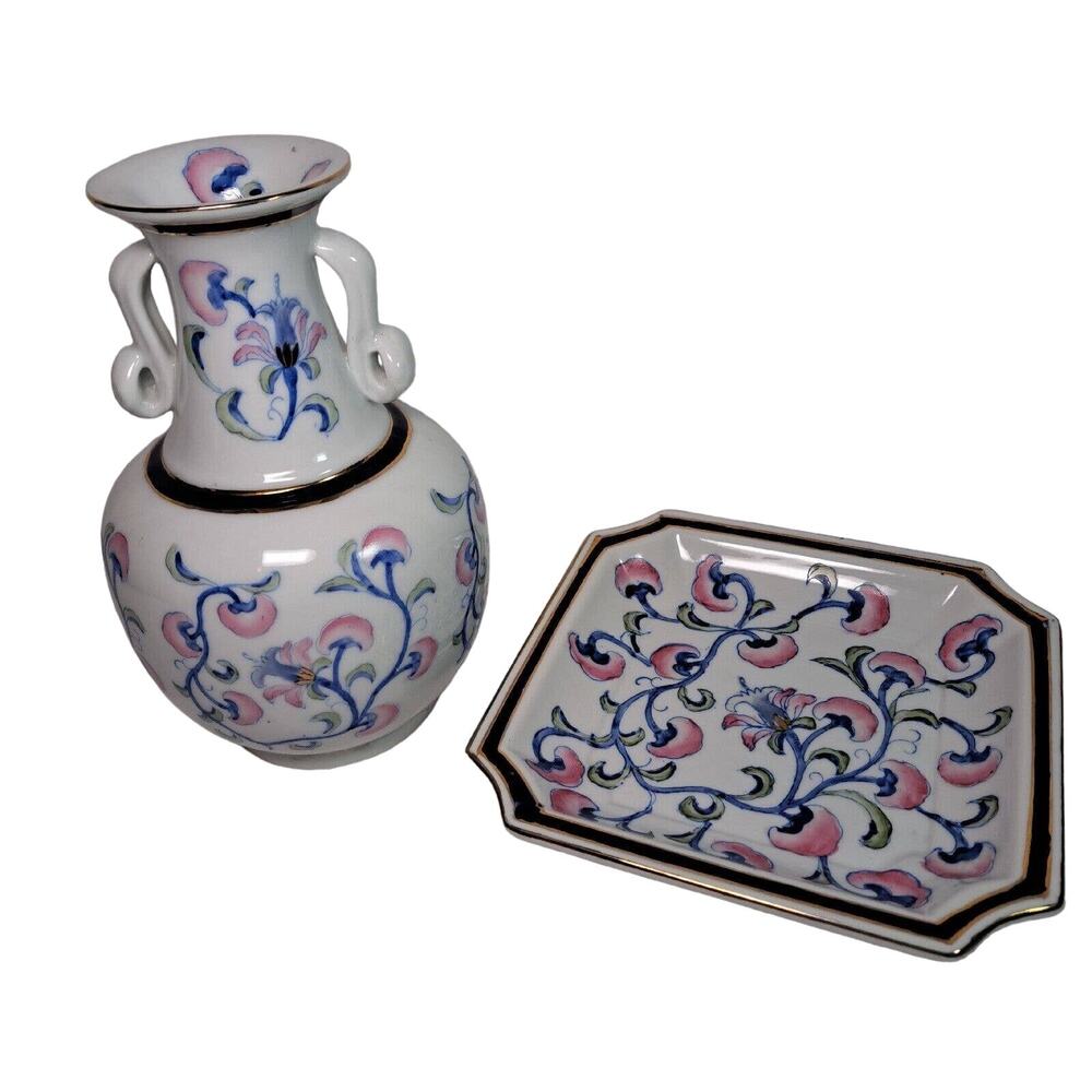 Vintage 70-80s Nora Fenton Chinese Porcelain Vase  Plate Hand Painted in Macau